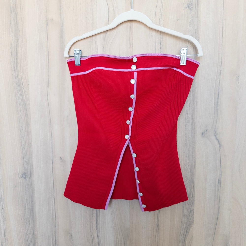 Rich & Famous Tube Top M Red Strapless Ribbed Button Front Preppy‎ Y2K Retro